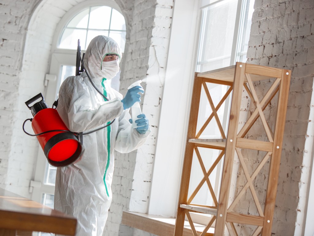 spraying disinfectant to sanitise space and environment